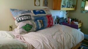 Old t-shirts in quilt pillow